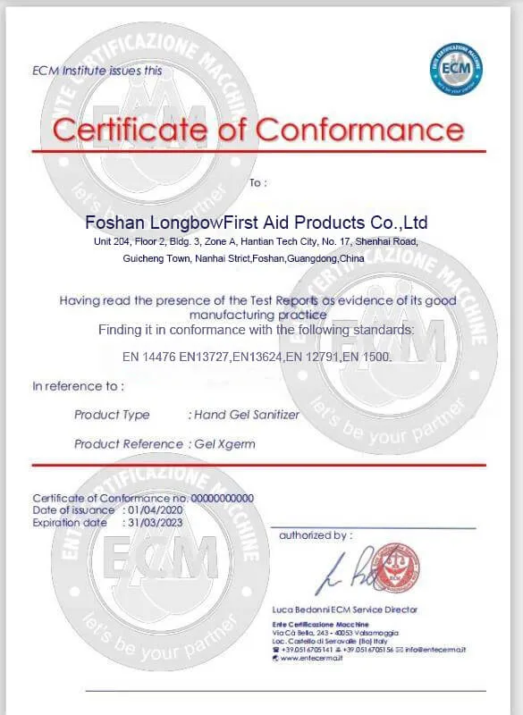 certification of hand sanitizer